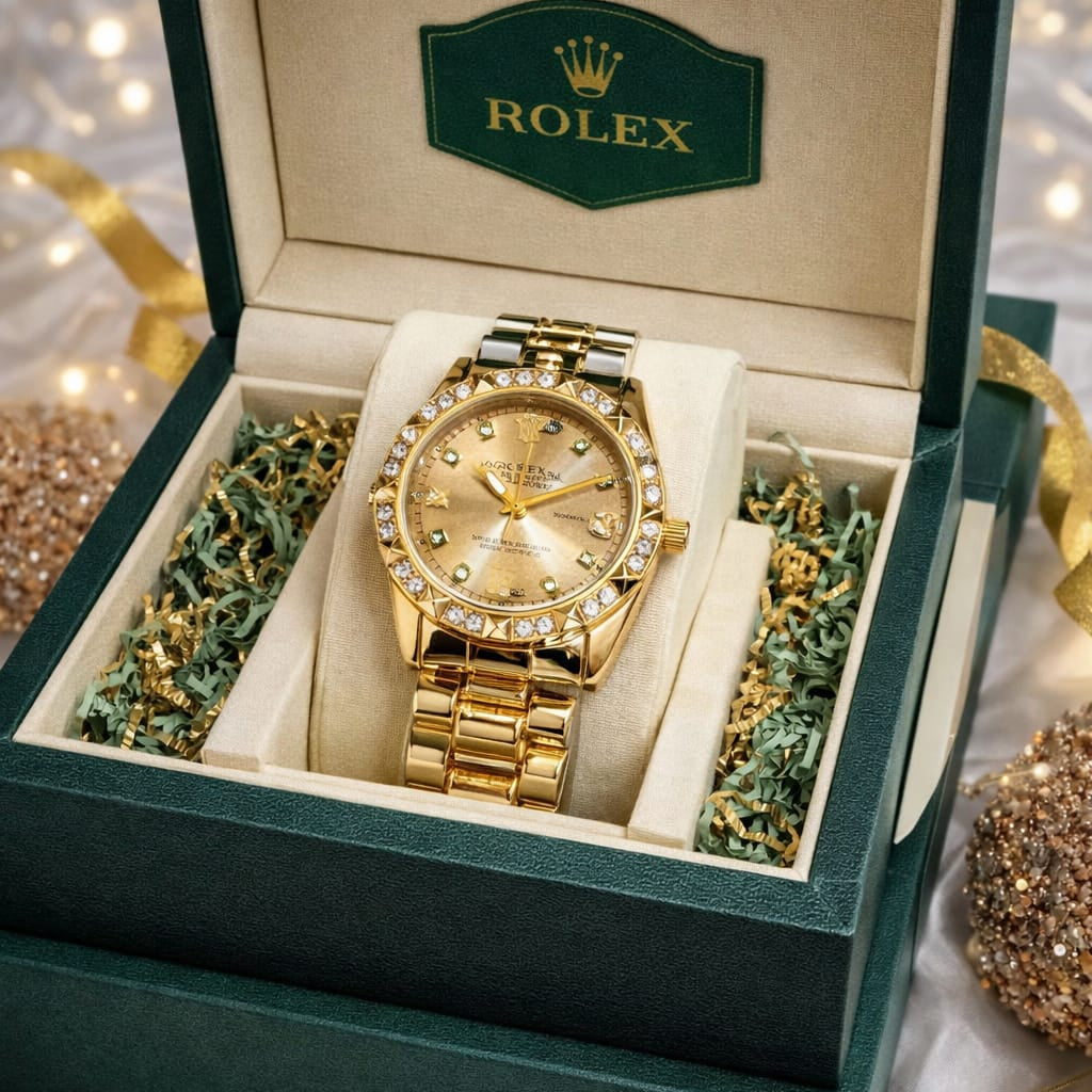 Gold-Tone Ladies Watch (Studded Bezel & Date Window)