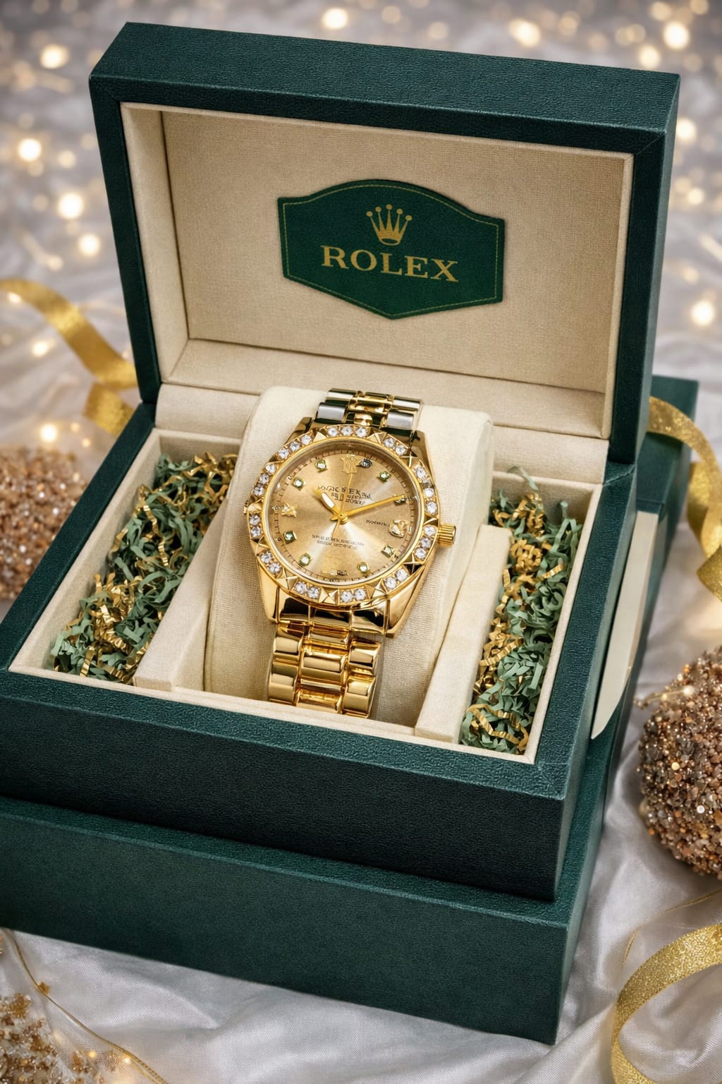 Gold-Tone Ladies Watch (Studded Bezel & Date Window)